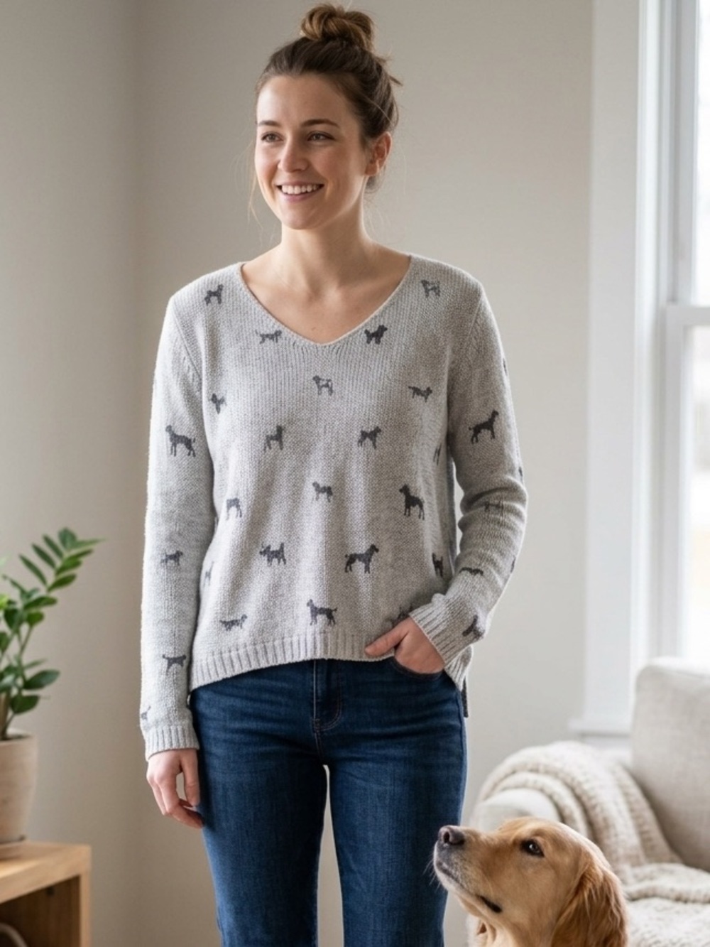 Wooden Ships | Light Gray Dog Pattern Sweater | Sz S/M
